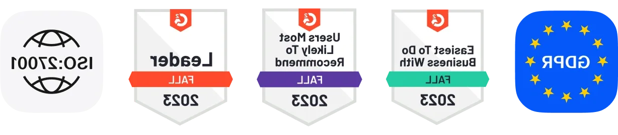 ISO:27001, GDPR, 和 G2 badge icons